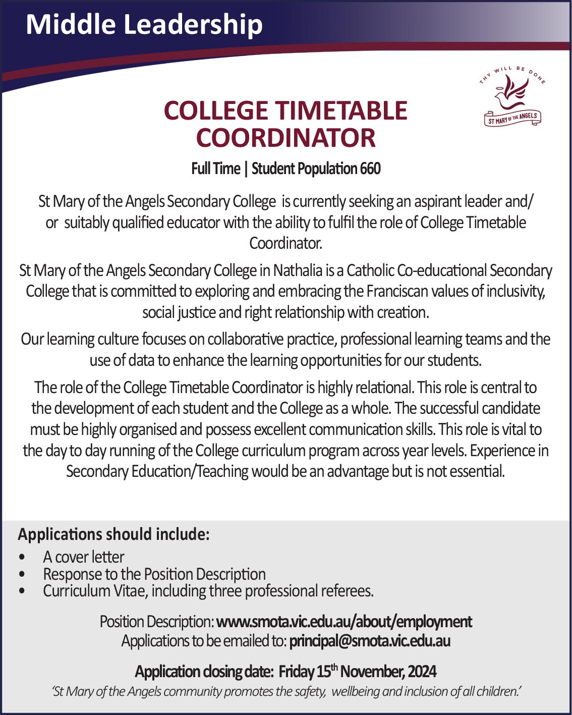 College Timetable Coordinator position 