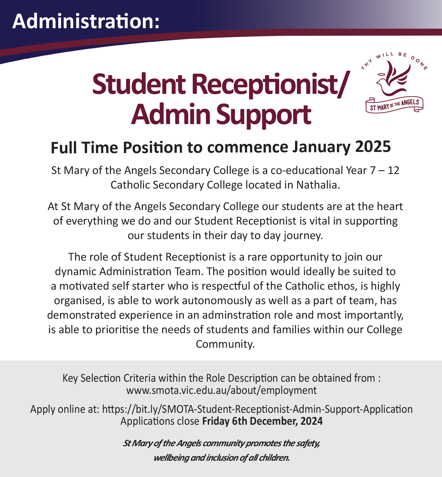 Student Reception Admin full time position 2024